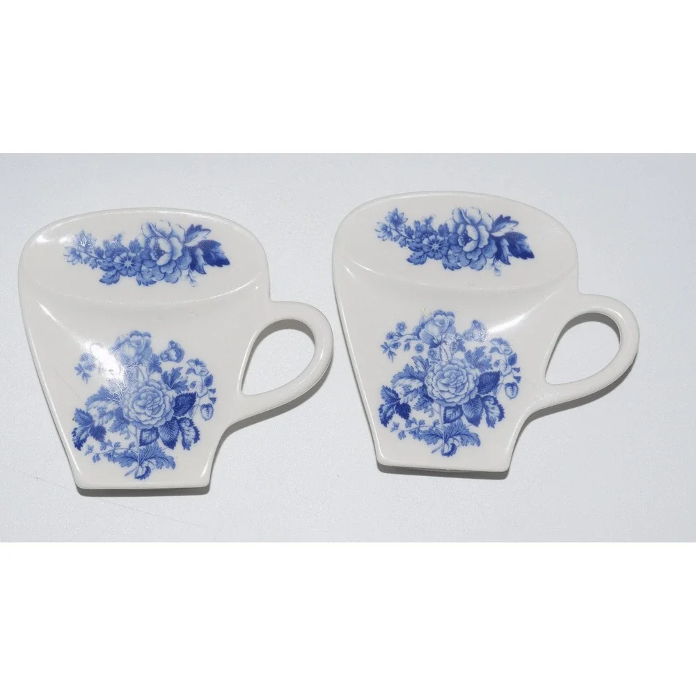 Vintage Spode Blue Italian Tea Bag Holder Set 2 White Blue Good Floral Ceramic